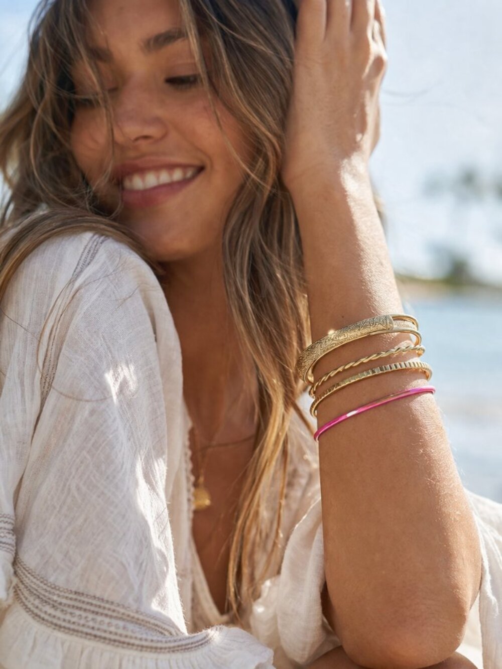 Set of 5 Three-Inch Gold & Pink Metal Bangle Bracelets